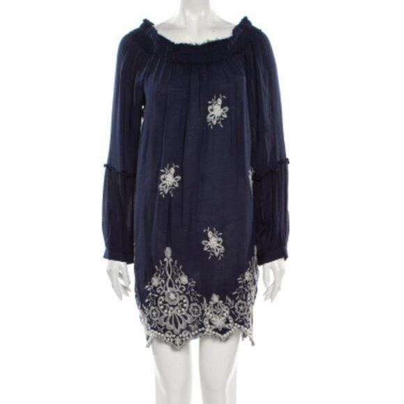 Misa Los Angeles Dresses & Skirts - Misa Los Angeles Embroidered Dress Size S Navy Blue Rayon White Embroidery